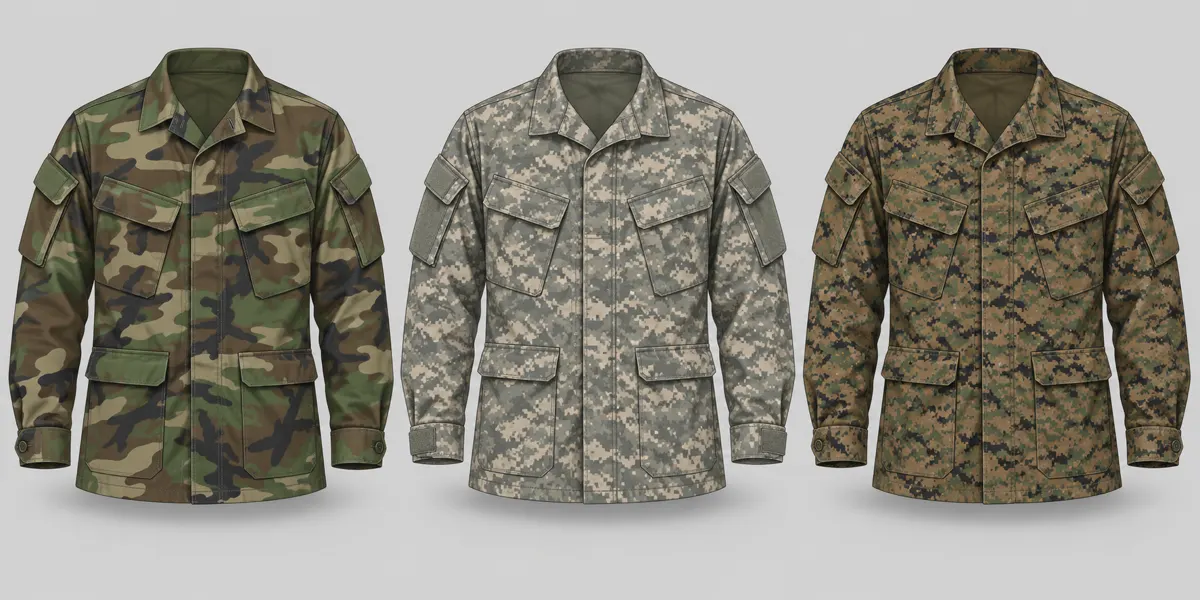 Porównanie kroju i kamuflażu bluz BDU Woodland, ACU UCP oraz MCCUU MARPAT.