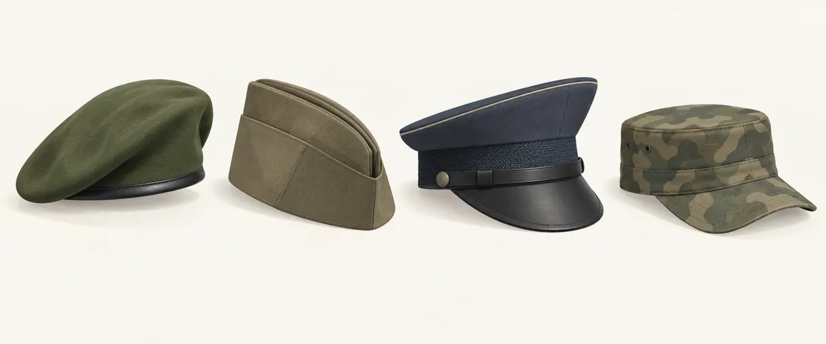 Beret, furażerka, rogatywka i patrolówka jako przykłady wojskowych nakryć głowy.