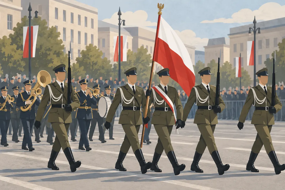 Ilustracja defilady wojskowej z żołnierzami, pocztem sztandarowym i orkiestrą