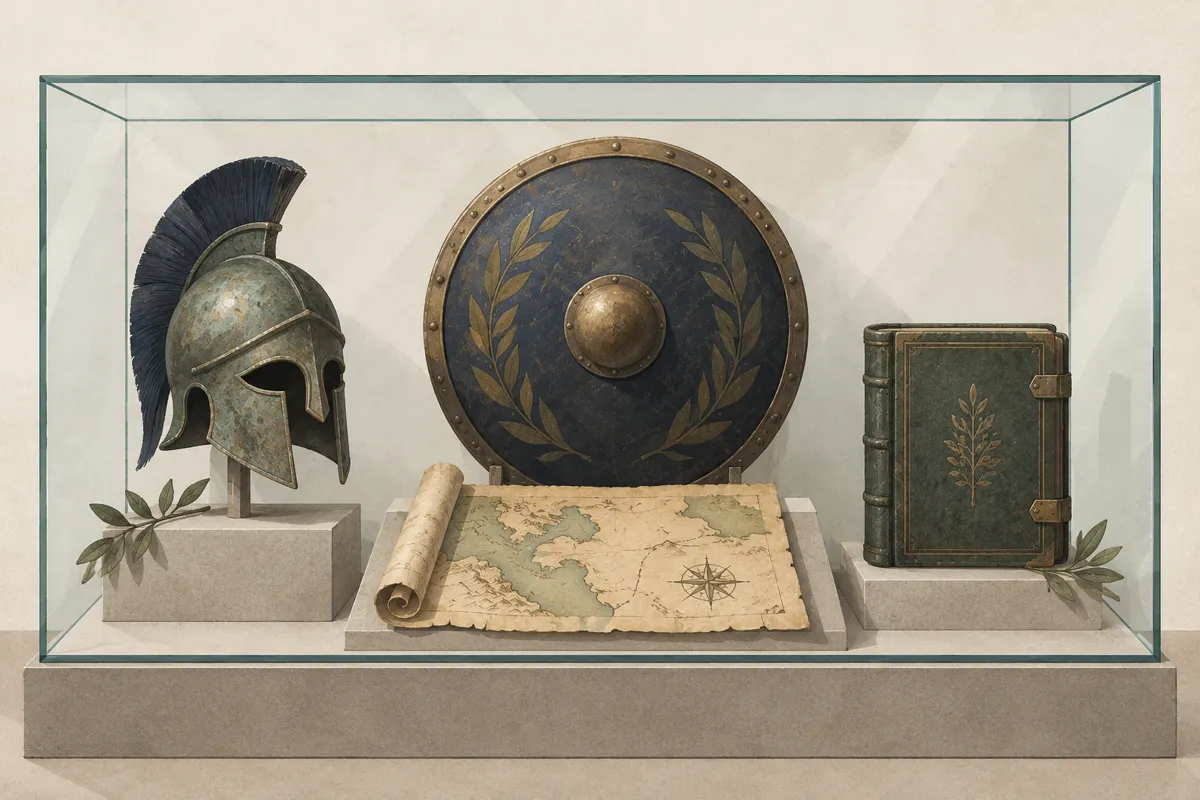 Ilustracja hełmu, tarczy, mapy i kroniki jako źródeł do badania historii wojskowości.