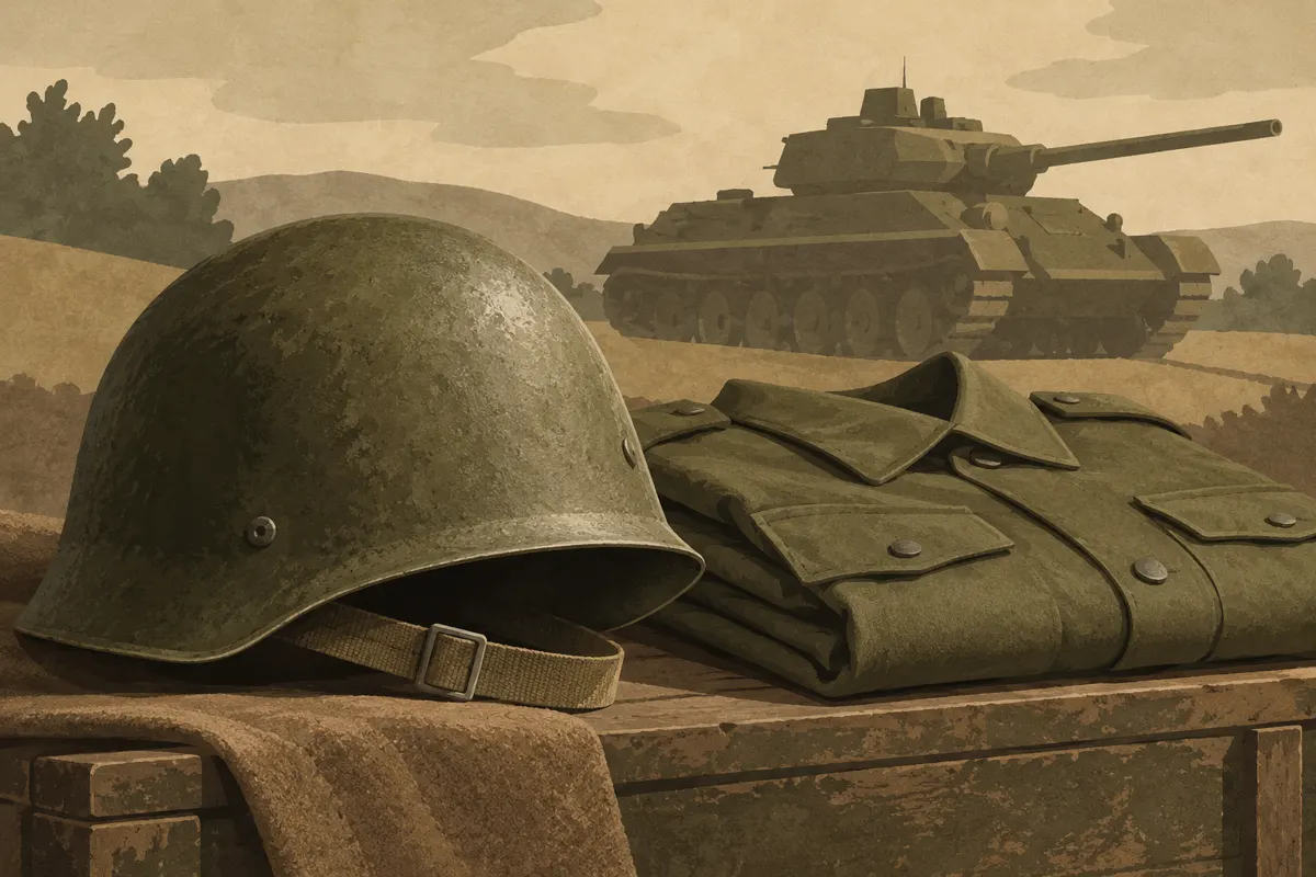 Ilustracja hełmu, munduru i czołgu nawiązujących do historii Ludowego Wojska Polskiego.