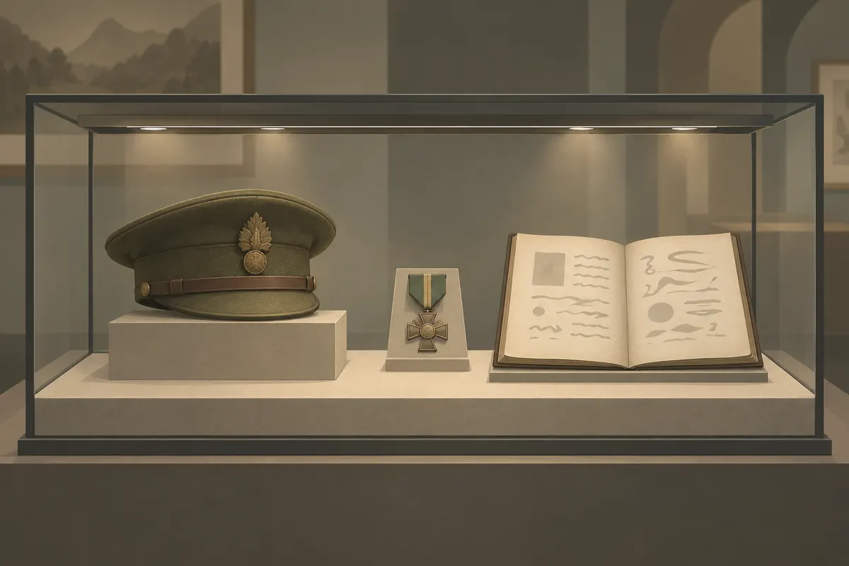Ilustracja historycznych pamiątek wojskowych w muzealnej gablocie