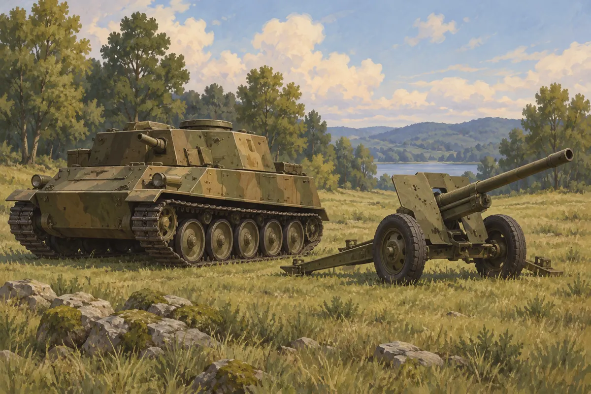 Ilustracja pojazdu gąsienicowego i działa na ekspozycji plenerowej militariów.