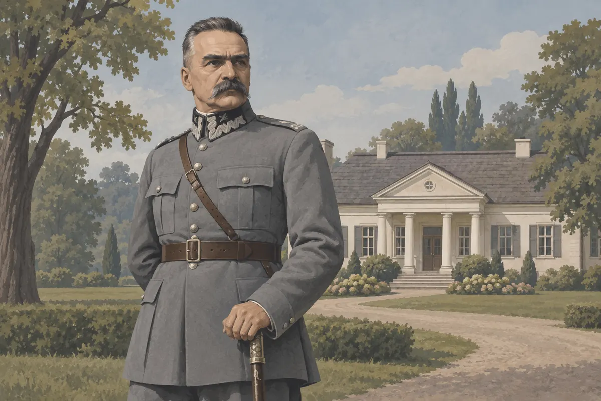 Ilustracja Józefa Piłsudskiego z dworkiem i drzewami w tle.