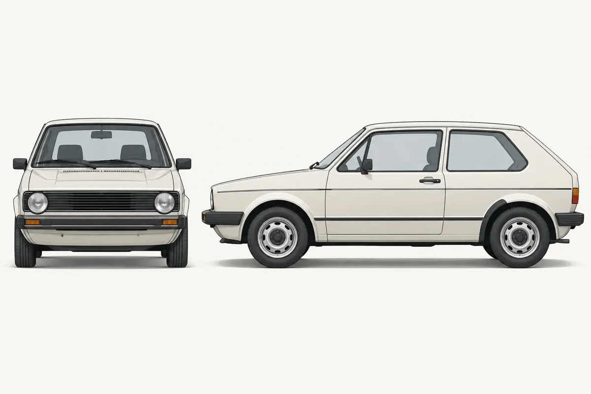 Ilustracja Volkswagena Golfa I z charakterystycznym kanciastym nadwoziem.