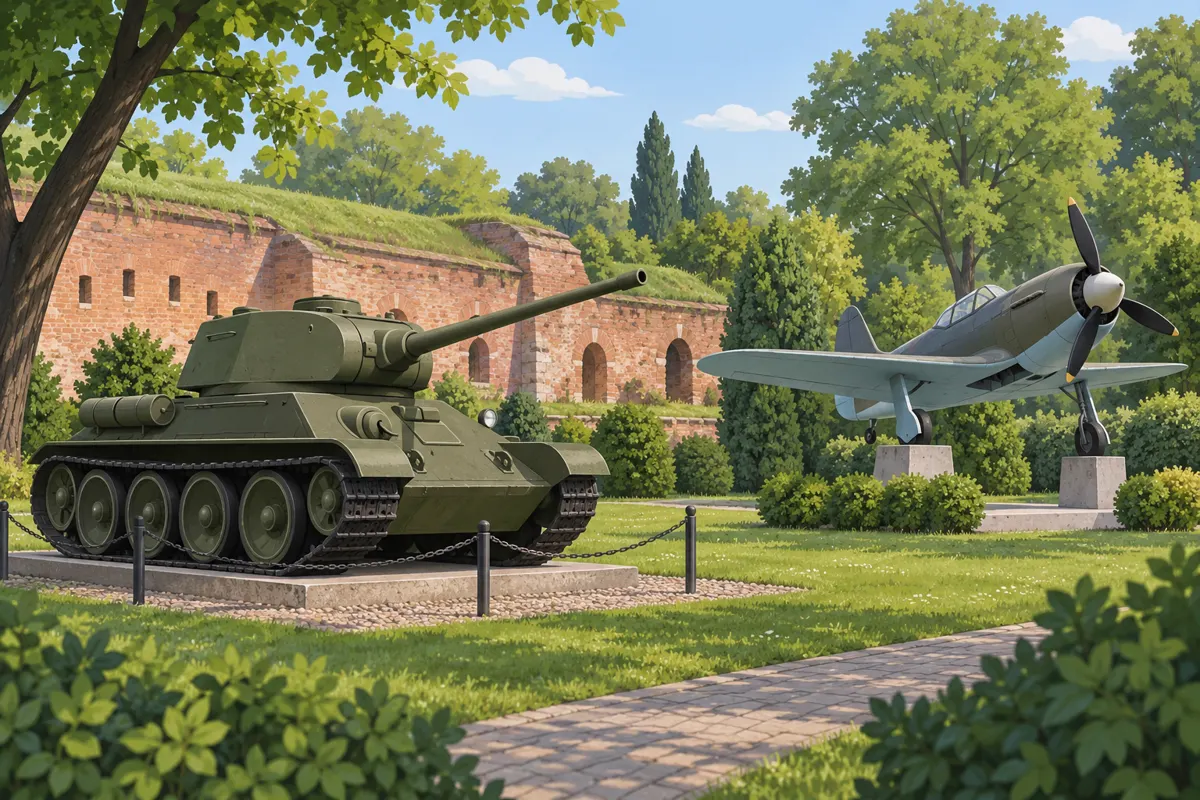 Ilustracja sprzętu wojskowego na tle ceglanej fortyfikacji i parkowej zieleni.