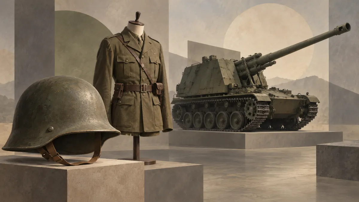 Ilustracja munduru, hełmu i haubicy samobieżnej jako obiektów związanych z historią wojsk lądowych.