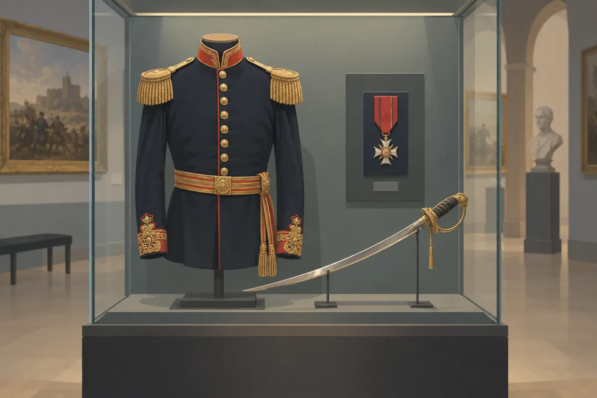 Ilustracja historycznego munduru, szabli i medalu w gablocie muzealnej.