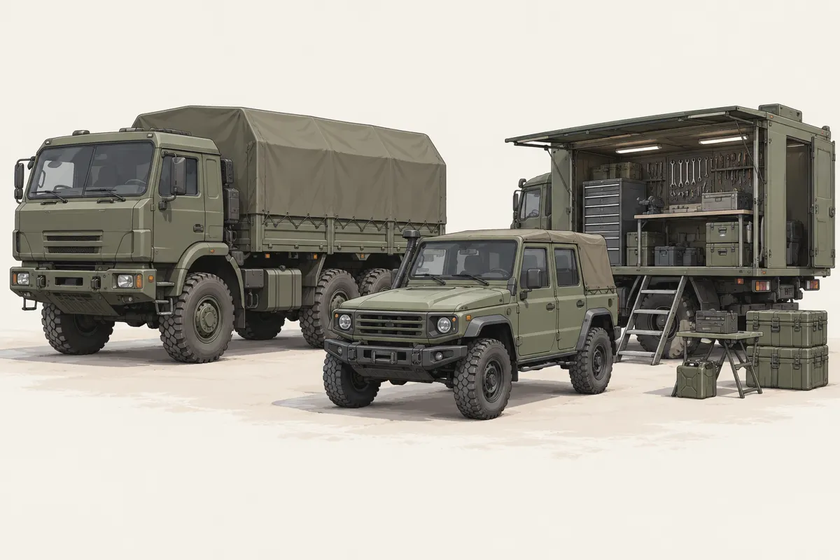 Ilustracja ciężarówki, samochodu terenowego i mobilnego warsztatu wojskowego.