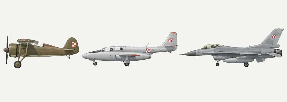 Ilustracja PZL P.11, TS-11 Iskry i F-16 przedstawiająca różne epoki polskiego lotnictwa wojskowego.