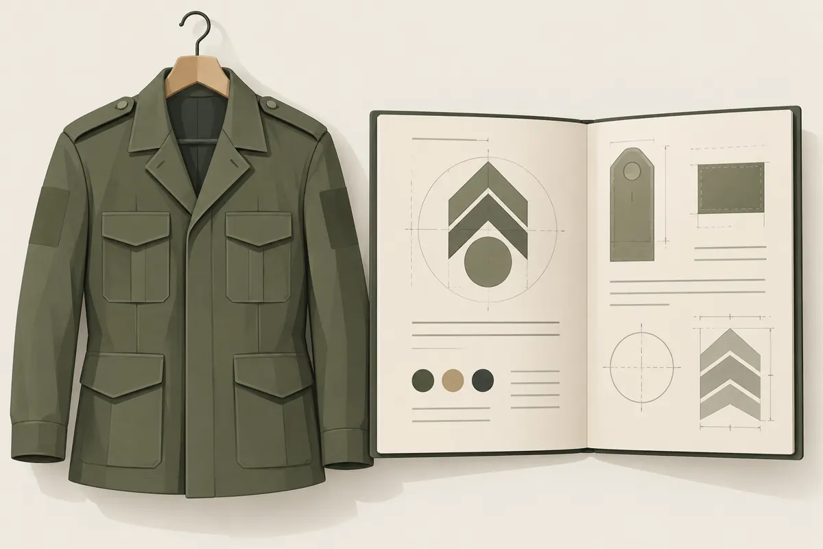 Ilustracja munduru wojskowego i otwartego dokumentu symbolizującego przepisy ubiorcze.