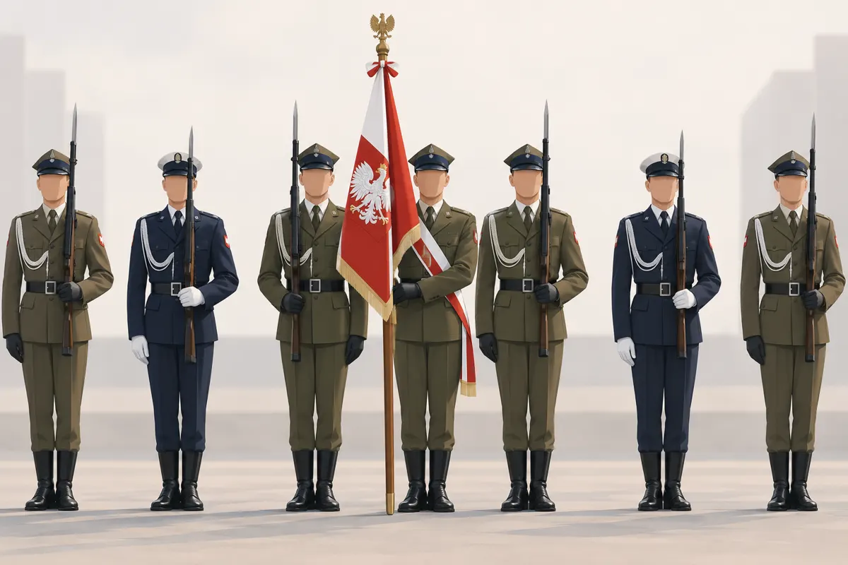 Ilustracja żołnierzy Wojska Polskiego w szyku honorowym z pocztem sztandarowym