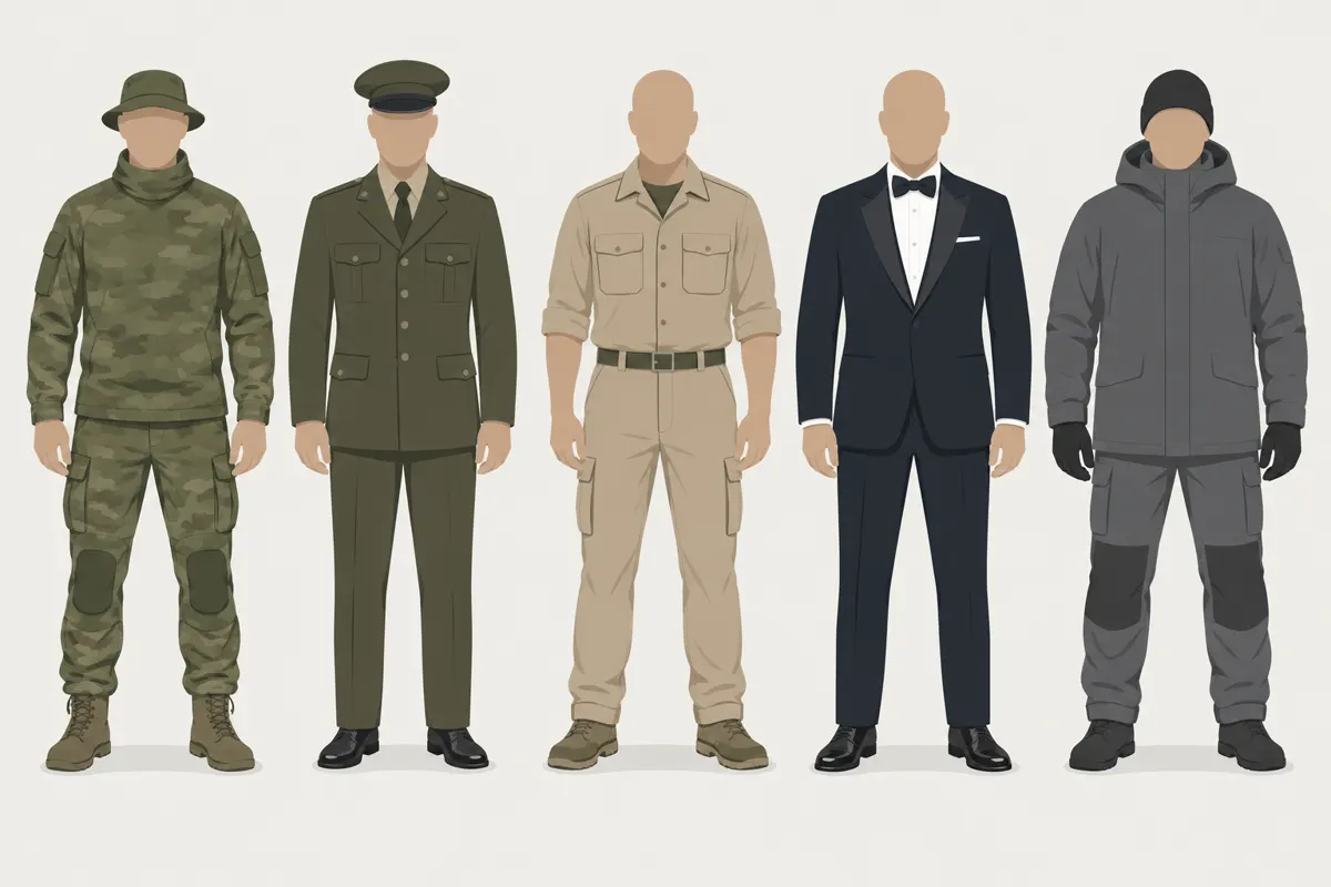 Ilustracyjne porównanie pięciu rodzajów umundurowania wojskowego według ich przeznaczenia.