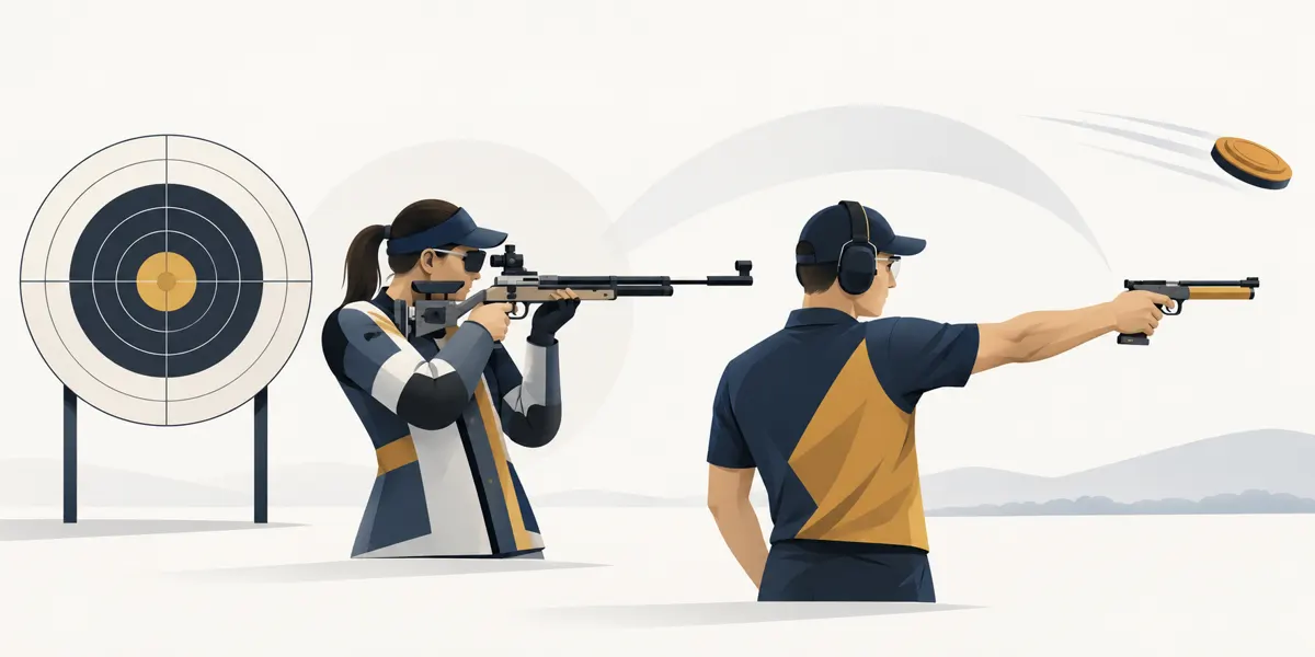 Ilustracja konkurencji strzelectwa sportowego: karabin, pistolet i strzelanie do rzutków.