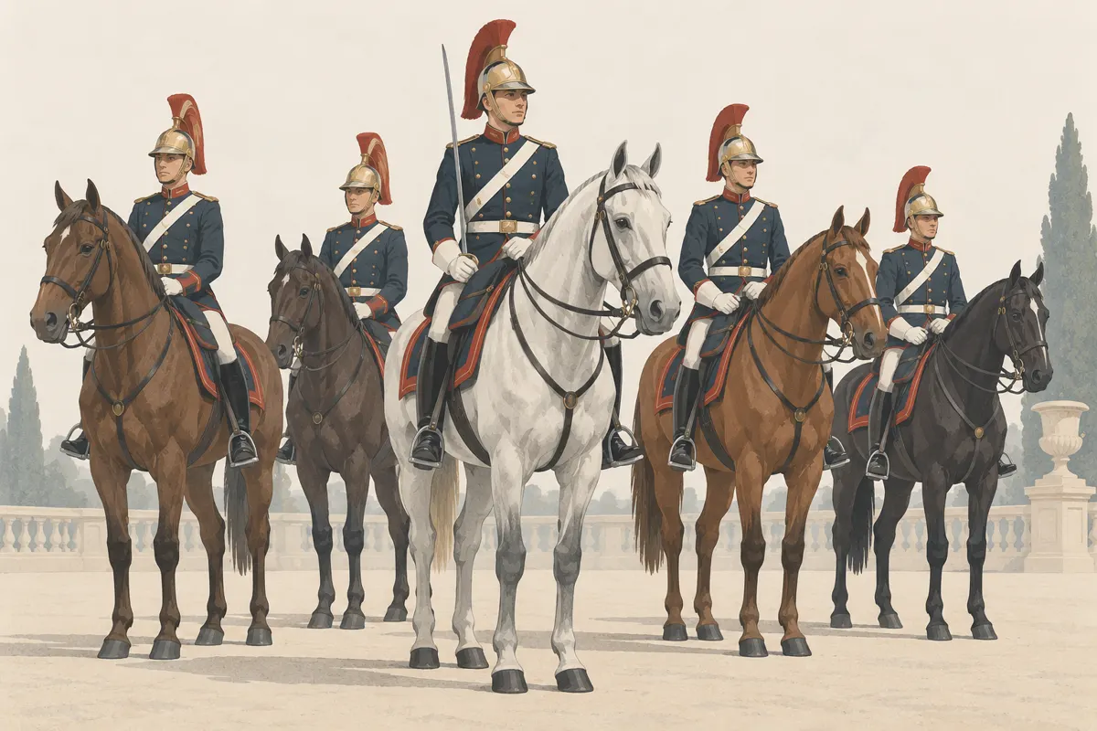 Ilustracja kawalerzystów na koniach w szyku ceremonialnym.