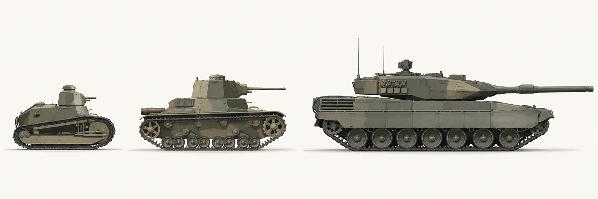 Ilustracja przedstawiająca rozwój czołgów od Renault FT i 7TP do współczesnej konstrukcji