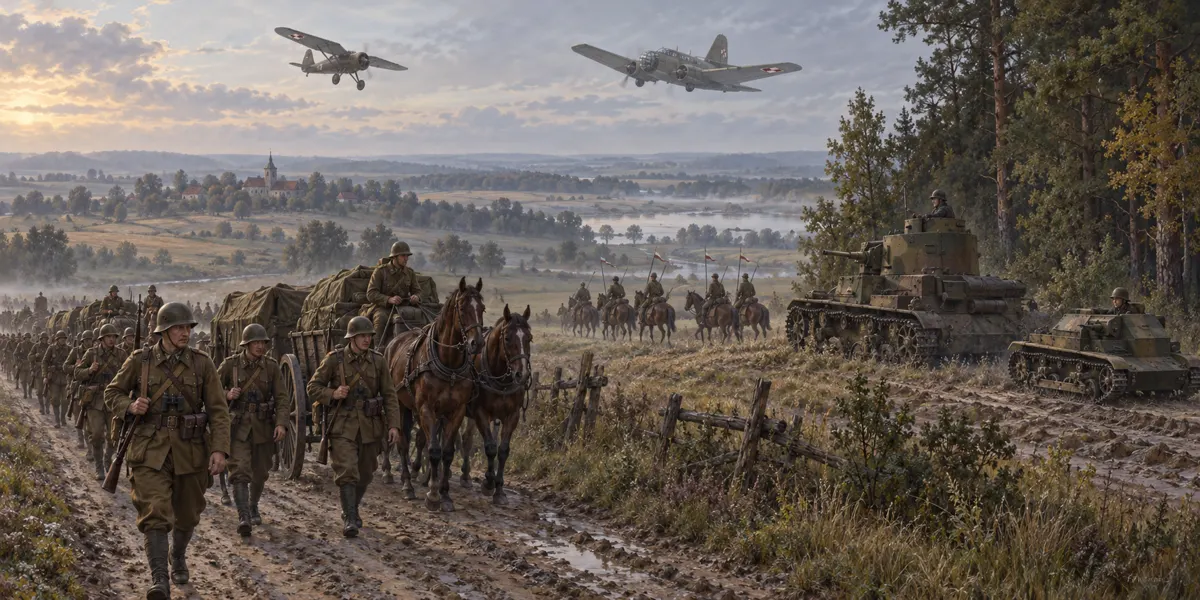 Piechota, kawaleria, tabor konny, czołg 7TP, tankietka TKS i polskie samoloty wojskowe w 1939 roku